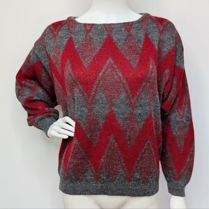 80s Vintage Charcoal Gray & Red Chevron Zig Zag Boat Neck Sweater
